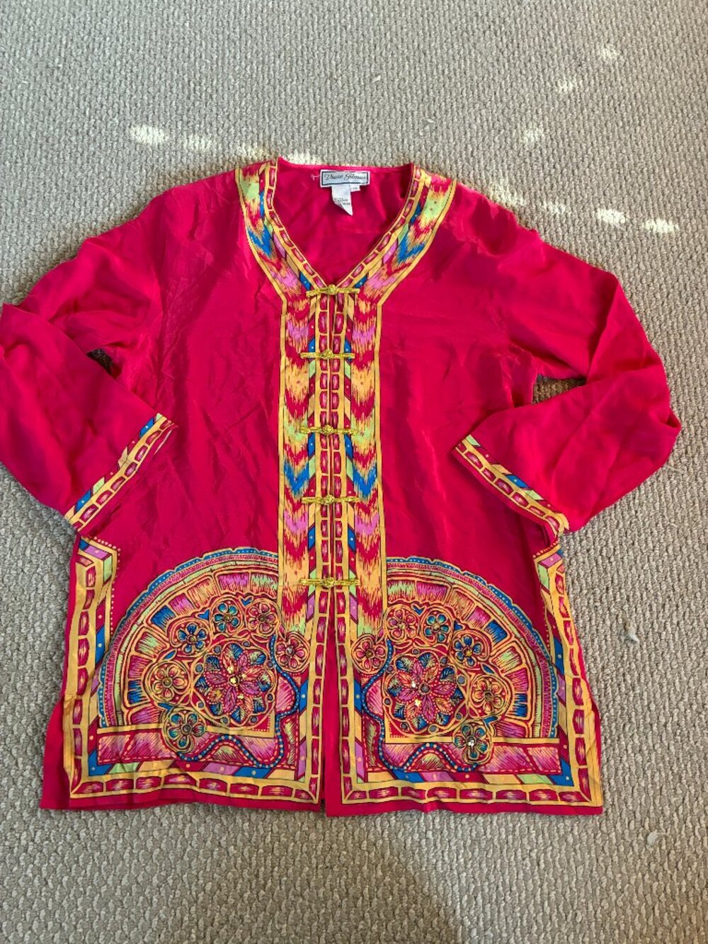 Vintage Diane Gilman 100% silk Pink Gold Embellished Grandma PL Oversized
